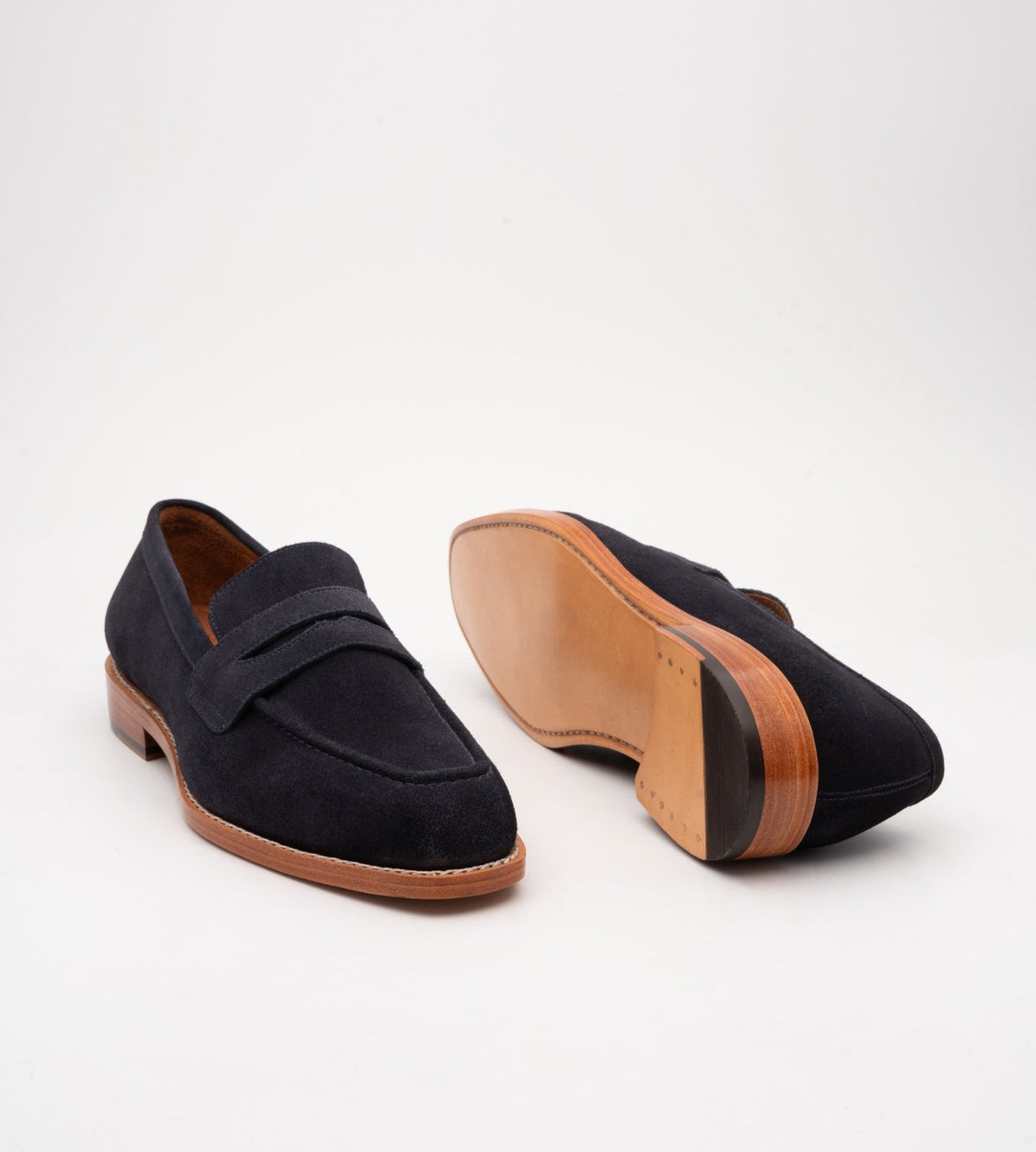 Hand Welted Chisel Toe Navy Suede Penny Loafer
