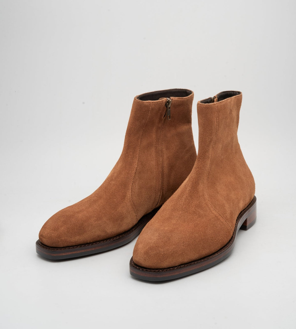 Hand-Welted Cognac Suede Zipper Chelsea Boot