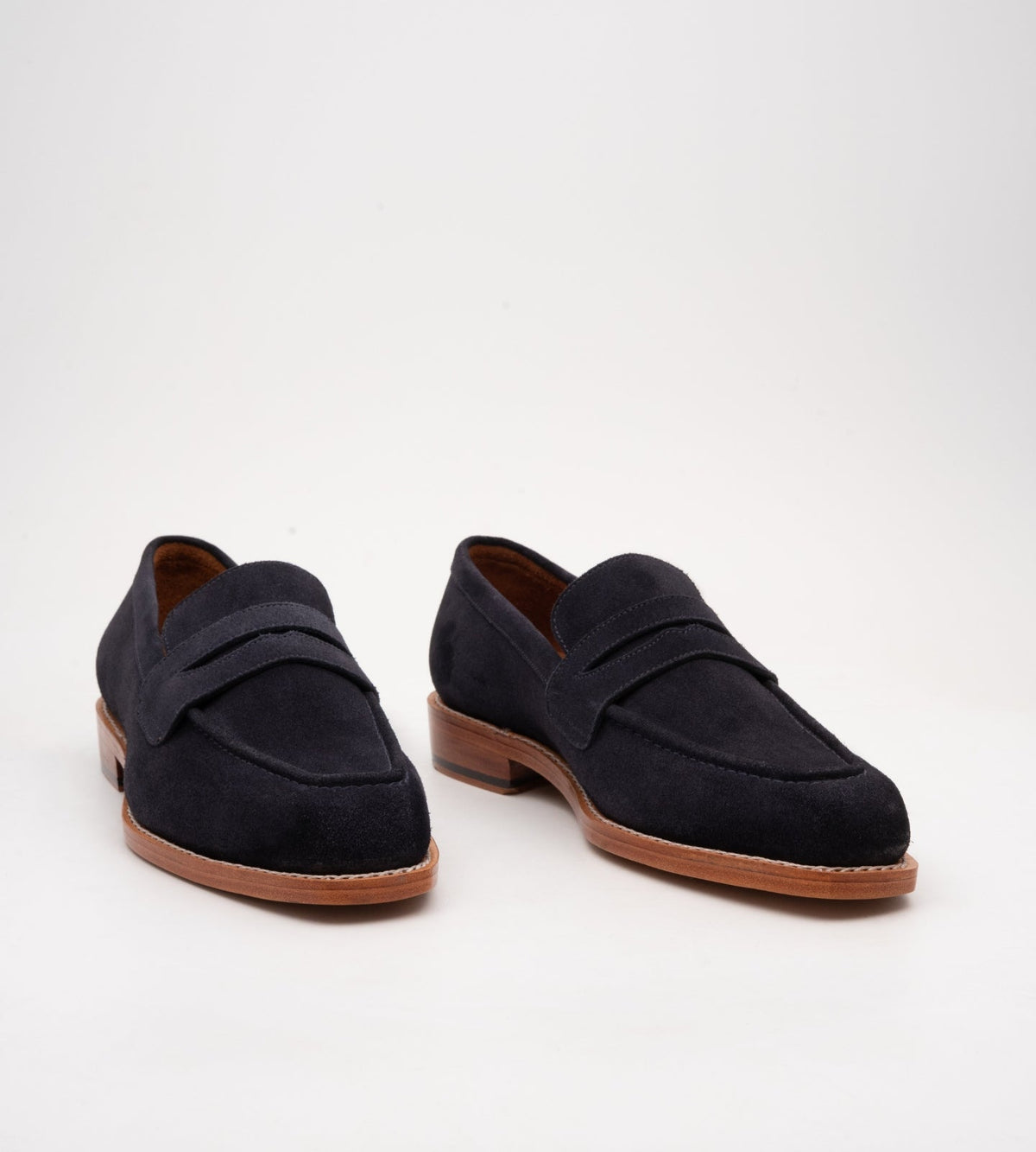 Hand Welted Chisel Toe Navy Suede Penny Loafer