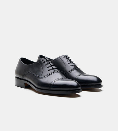 Goodyear Welted Black Semi Brogue Captoe Oxfords