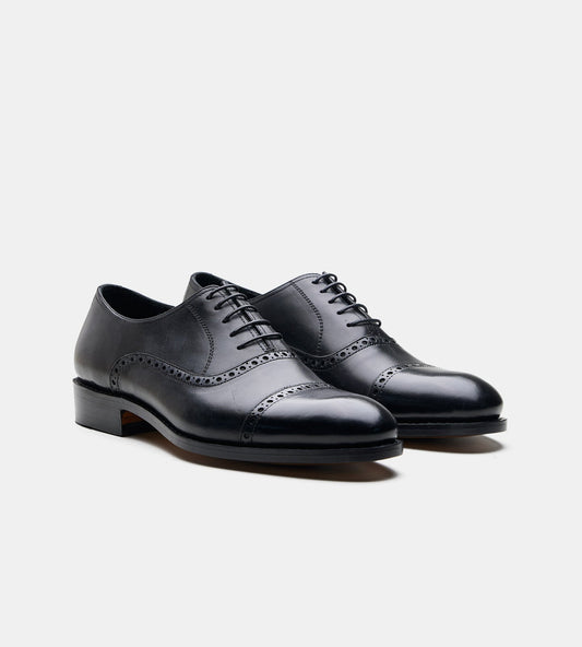 Goodyear Welted Black Semi Brogue Captoe Oxfords