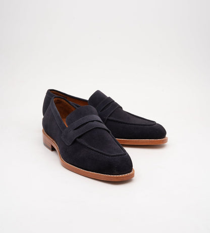 Hand Welted Chisel Toe Navy Suede Penny Loafer
