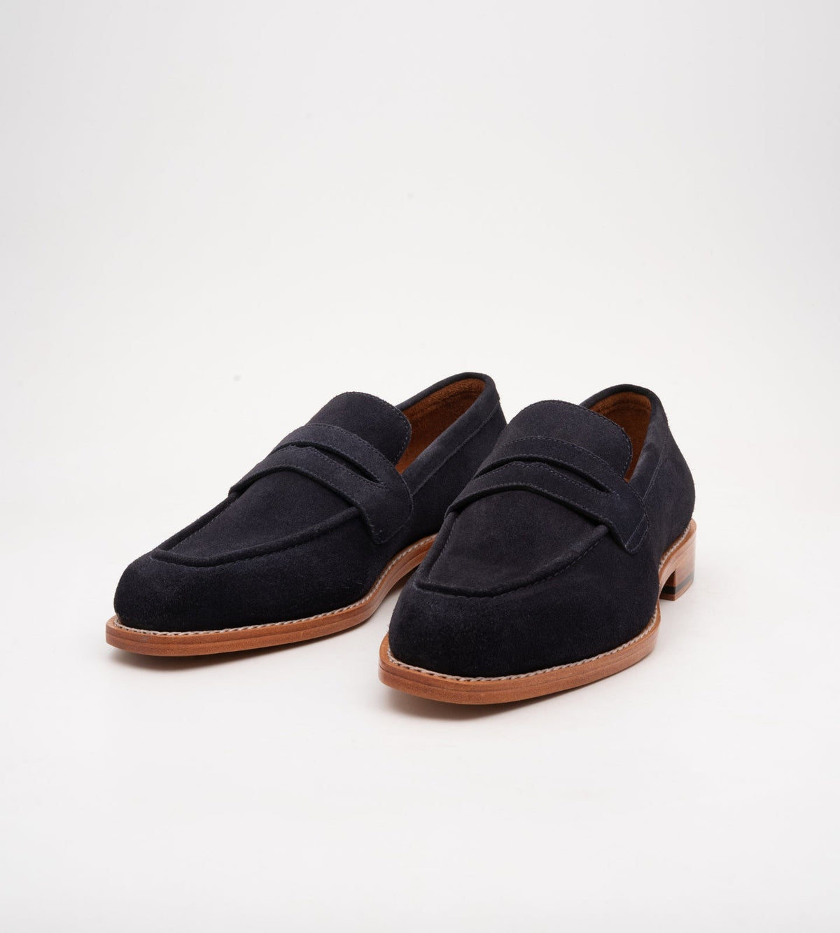Hand Welted Chisel Toe Navy Suede Penny Loafer