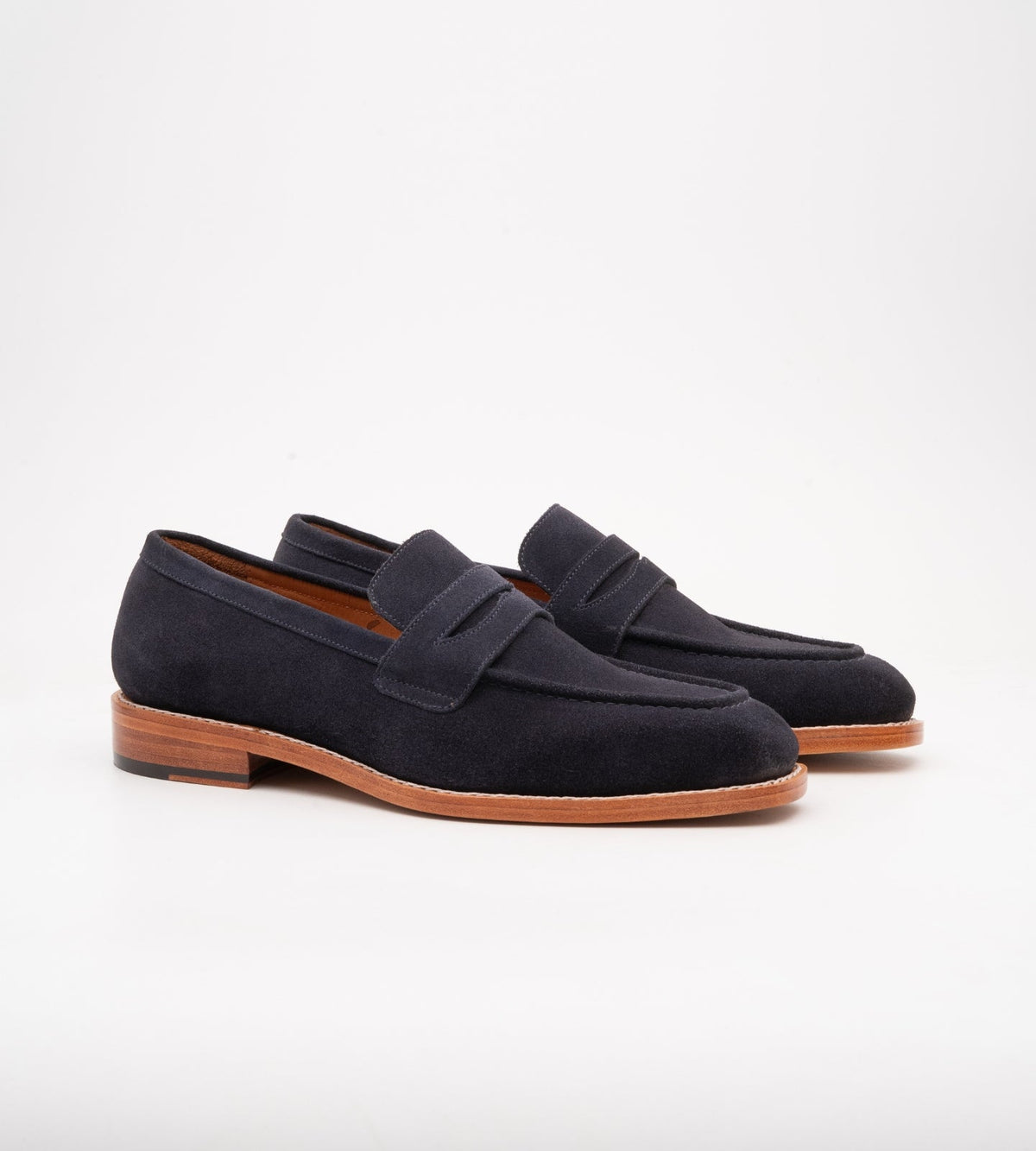 Hand Welted Chisel Toe Navy Suede Penny Loafer