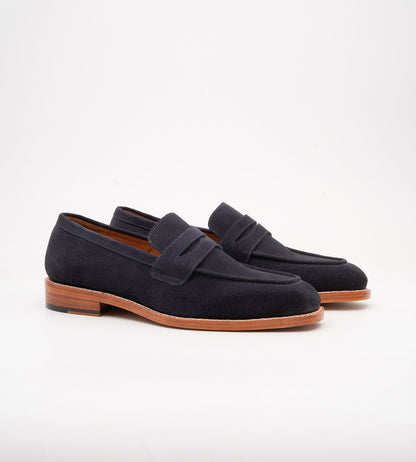 Hand Welted Chisel Toe Navy Suede Penny Loafer