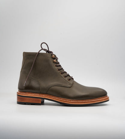 Hand-Welted Full Grain Olive Plain Toe Boot
