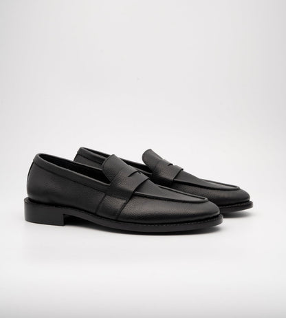 Hand-Welted Unlined Black Milled Leather Penny Loafer