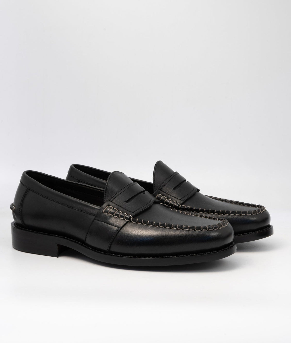 HandWelted Black Leather Slip-Ons