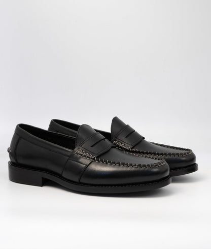 HandWelted Black Leather Slip-Ons