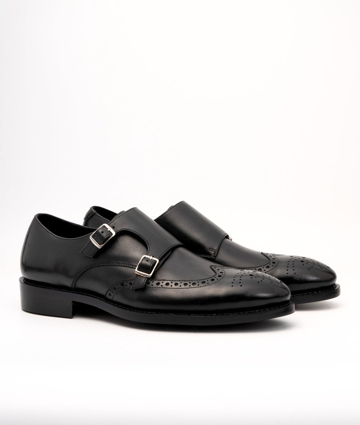 Hand-Welted Black Wingtip Double Monks