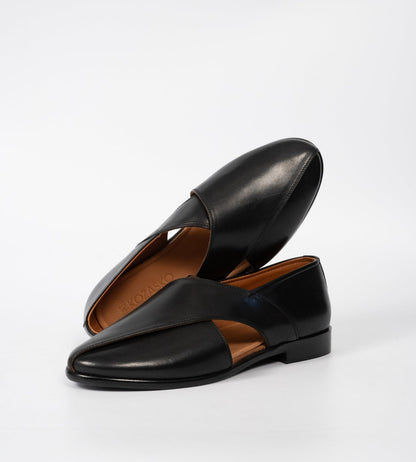 Hand Welted Black Full Grain Leather Peshawari Shoes
