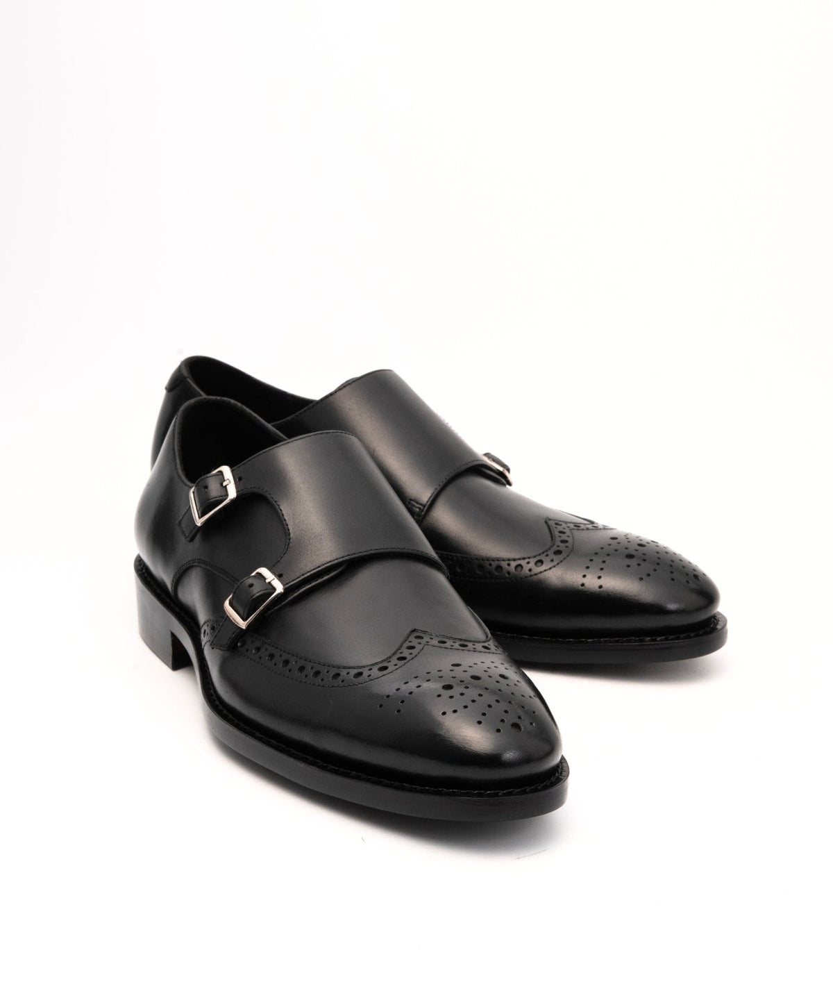 Hand-Welted Black Wingtip Double Monks