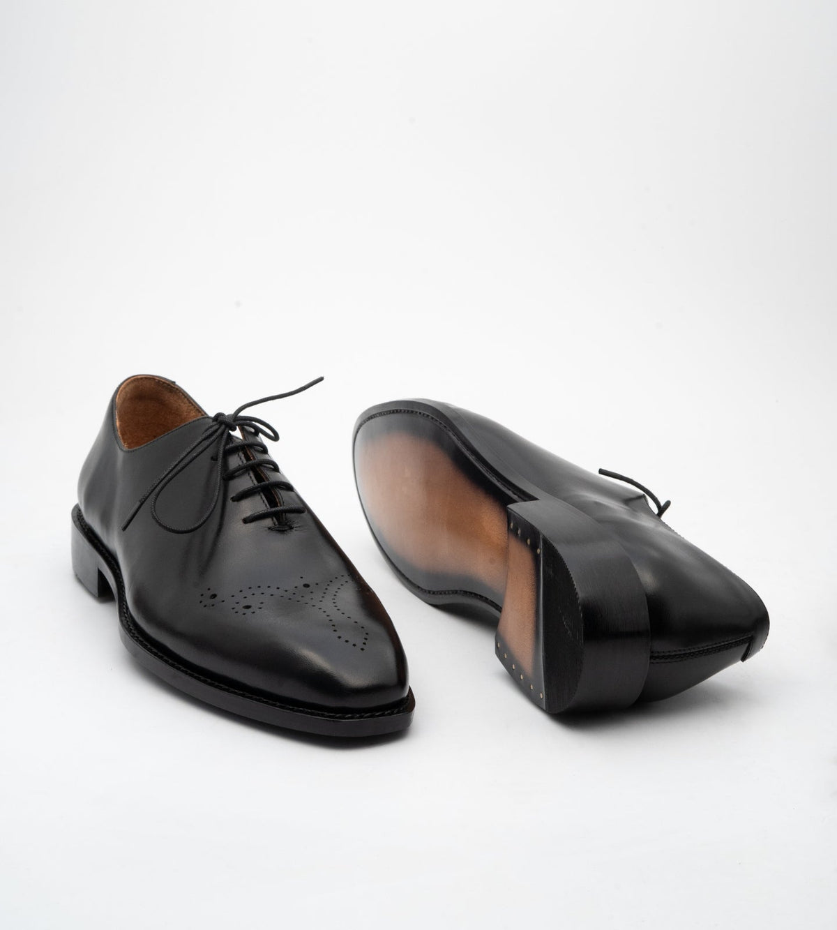 Hand-Welted Chisel Toe Black Wholecut Oxfords
