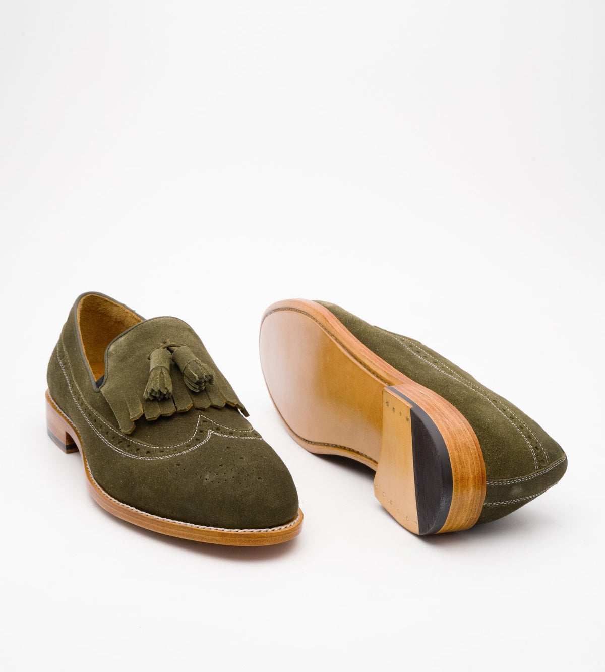 Handwelted Olive Suede Brogue Tassel Loafer