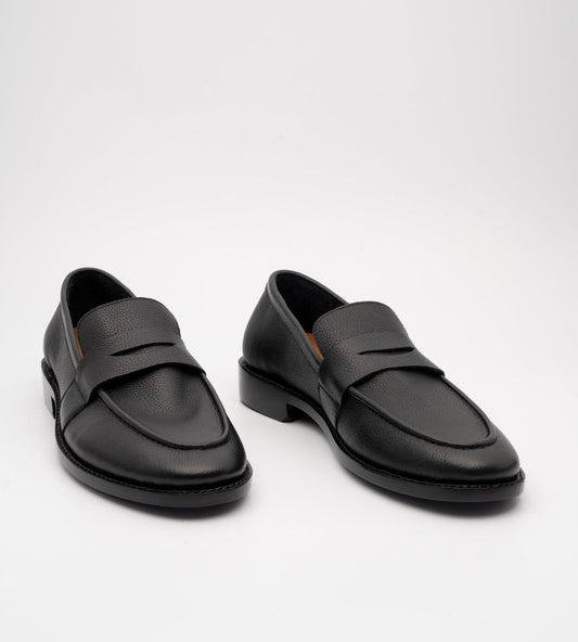 Hand-Welted Unlined Black Milled Leather Penny Loafer