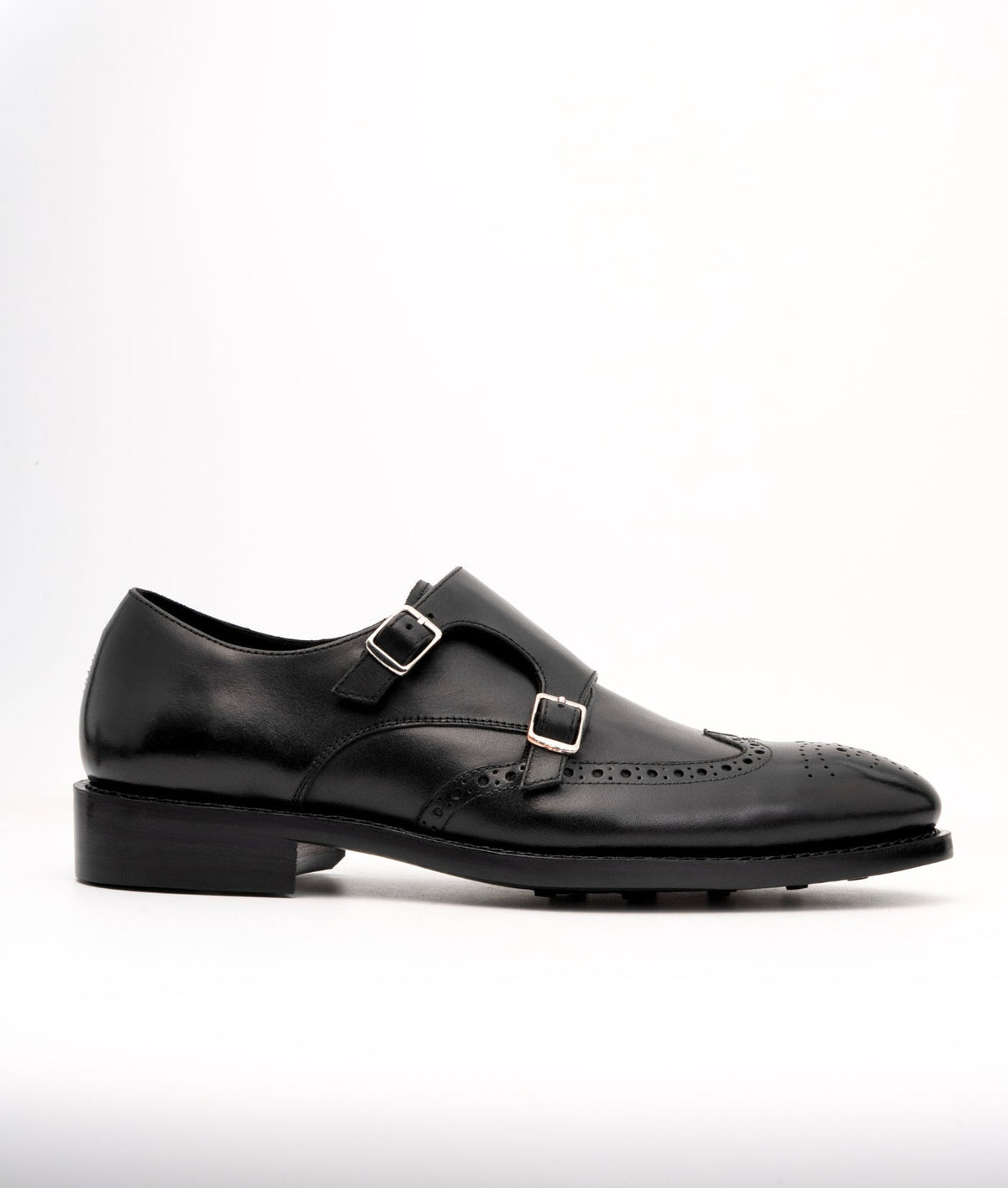 Hand-Welted Black Wingtip Double Monks