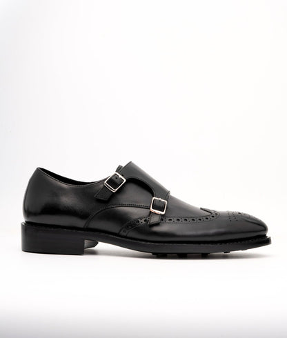 Hand-Welted Black Wingtip Double Monks