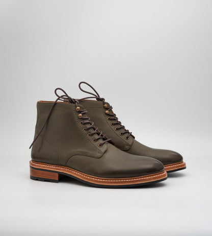Hand-Welted Full Grain Olive Plain Toe Boot