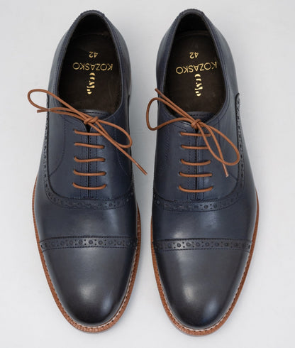 Hand Welted Semi Brogue Navy Captoe Oxfords