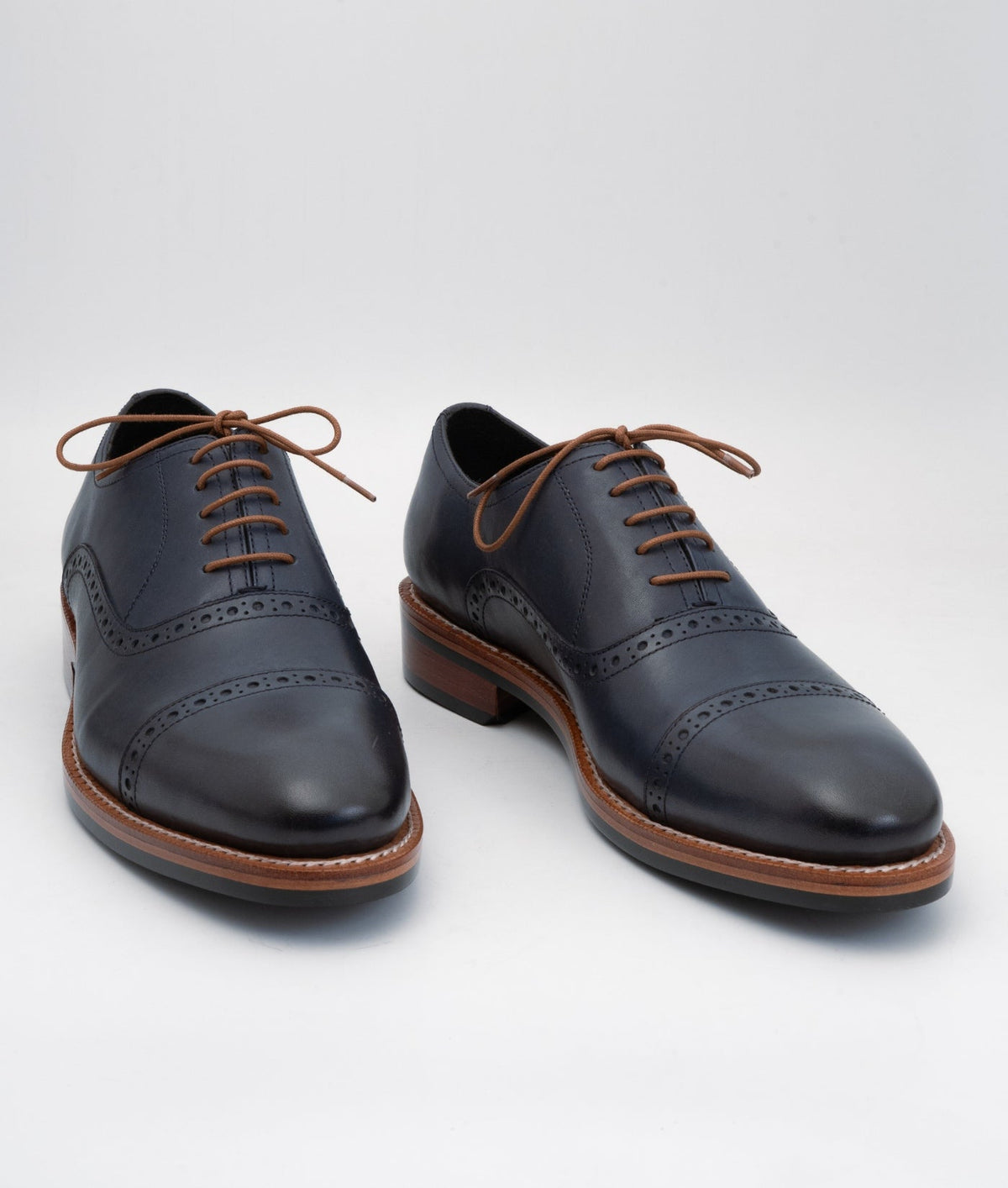Hand Welted Semi Brogue Navy Captoe Oxfords